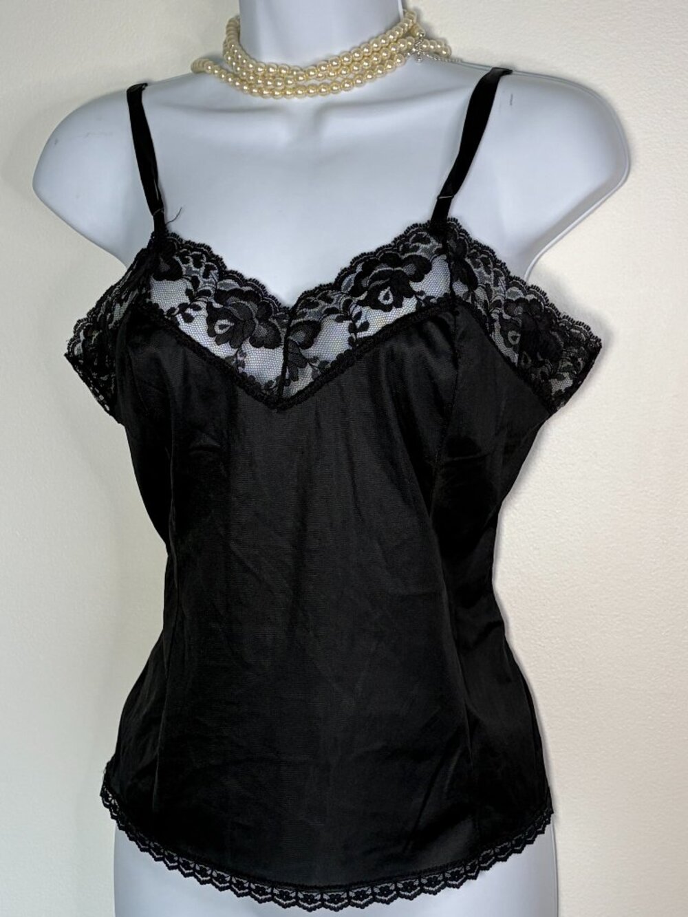 ~80s Vintage Mel-Lin Black Floral Lace Camisole Top Made in USA Large Whimsigoth